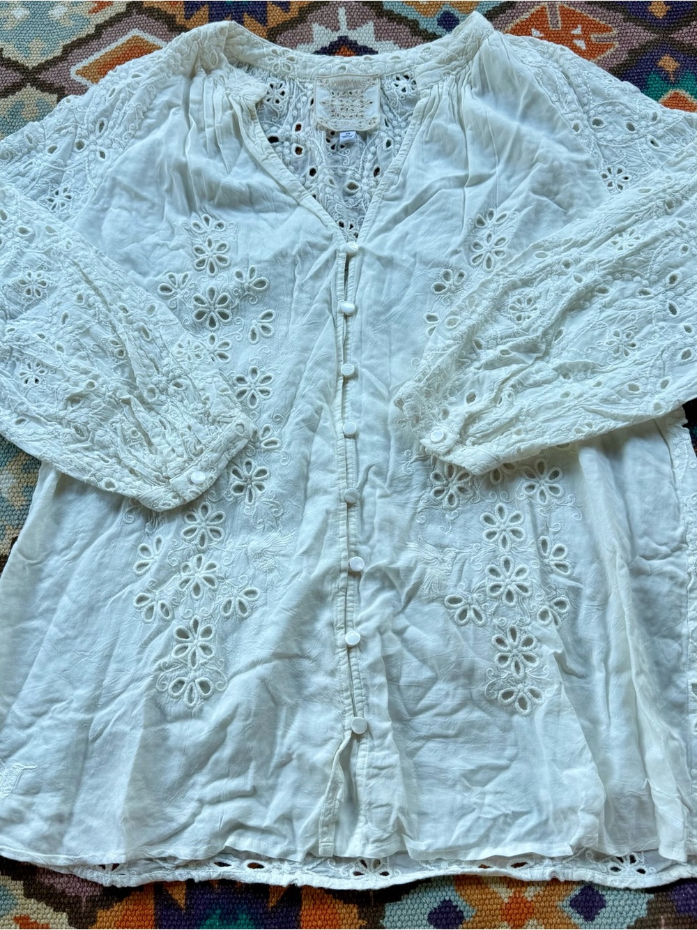 JOHNNY WAS JADE Embroidered Eyelet Button Down Blouse Antique White Size XS NEW